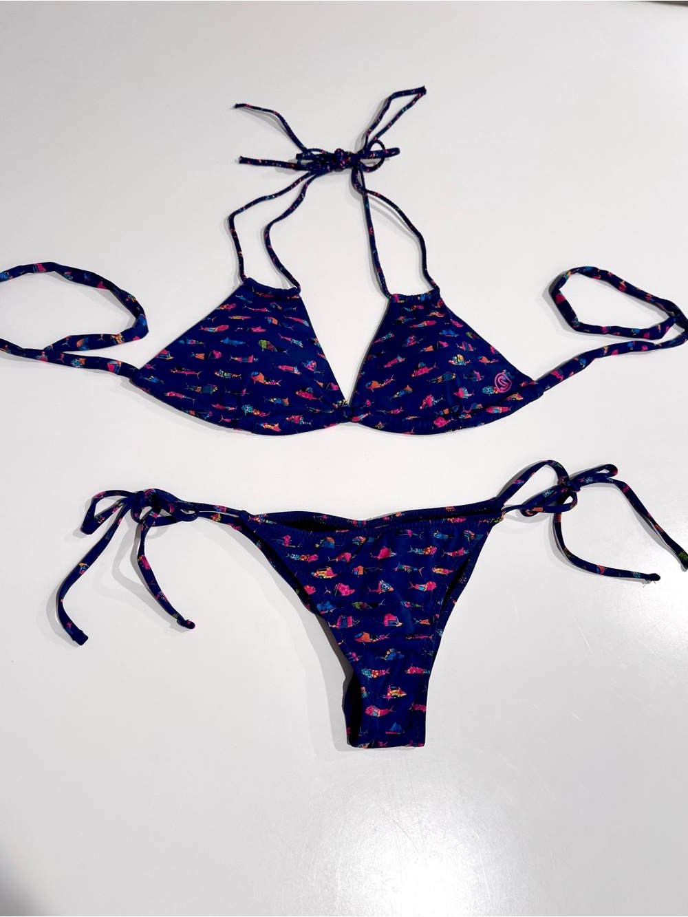 Scales Navy Trippy Fish-Print Triangular Top and Bikini Bottom, Size M NWOT